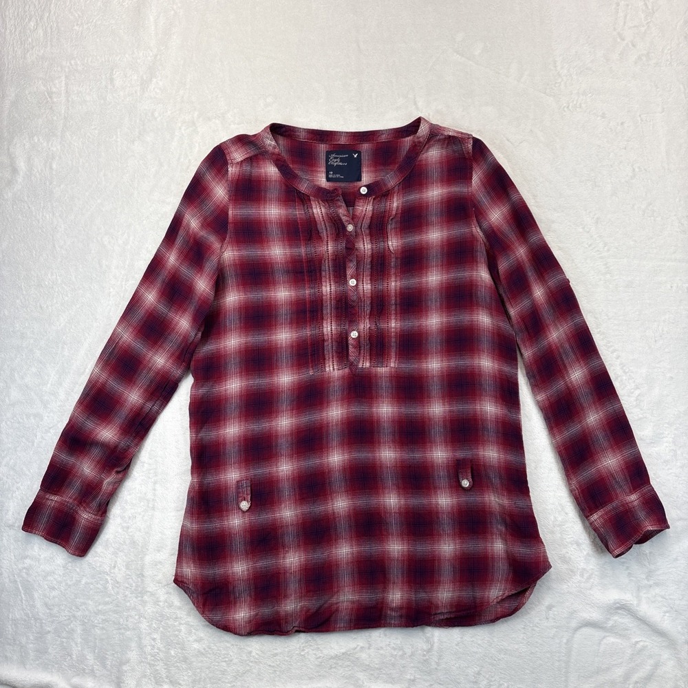 American Eagle Womens Size 10 Plaid Flannel Popover Top Roll Tab Sleeve